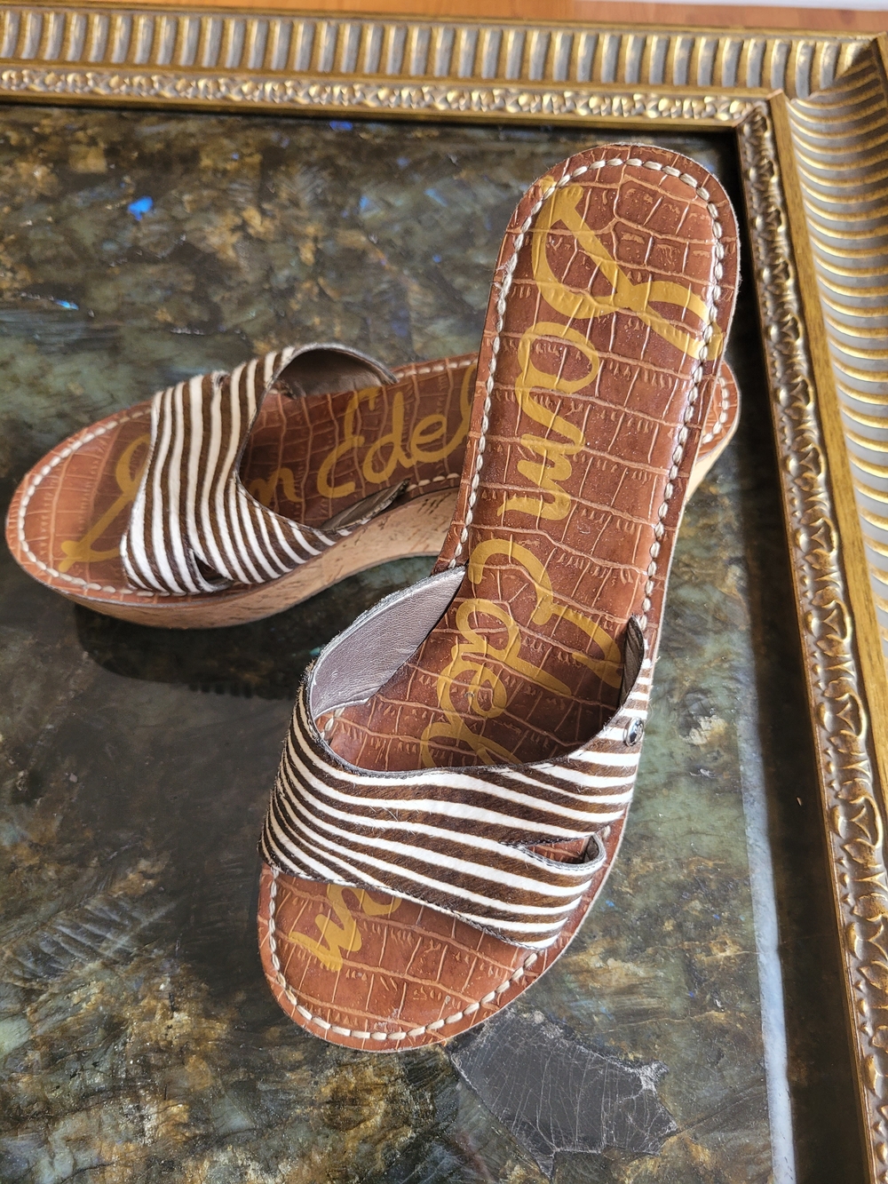 Sam Edelman Reid Zebra Print Calf Hair Brown Cork Platform Wedge Slide Sandal